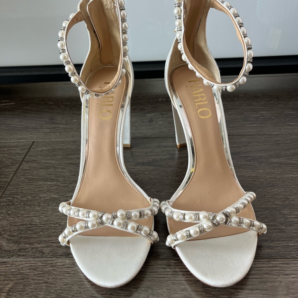 HARLO Australia Alexene White Pearl & Silver Bridal Block Heels